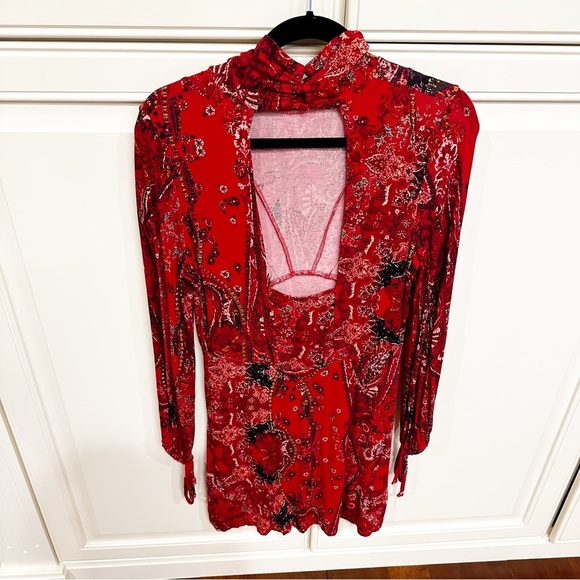 Free People All Dolled Up Women’s Red Paisley Pattern Mock Neck Boho Mini Dress - Picture 9 of 15